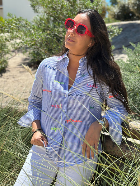 Vilagallo Linen Stripe Embroidered Shirt