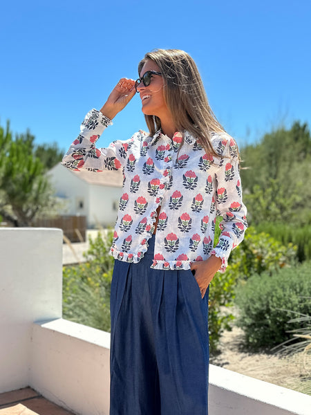 Vilagallo Block Print Ruffle Shirt