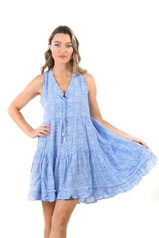 V-Neck Tiered Dress in Periwinkle Medallion