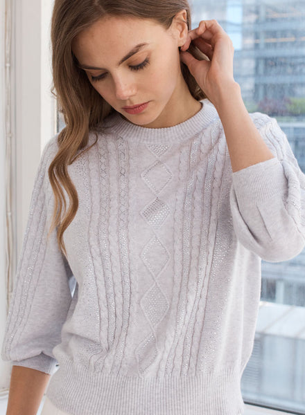 Autumn Cashmere Cotton Cable Crystal Crew