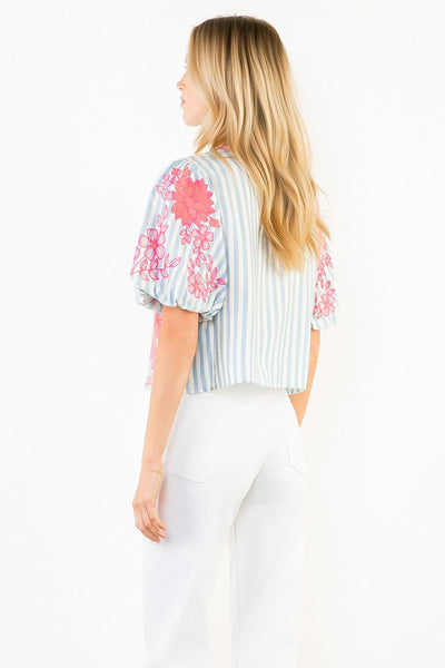 Embroidered Stripe Short Sleeve Top