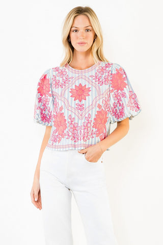 Embroidered Stripe Short Sleeve Top