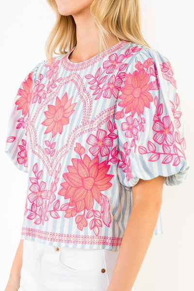 Embroidered Stripe Short Sleeve Top