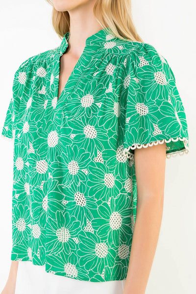 Green Flower Lace Top